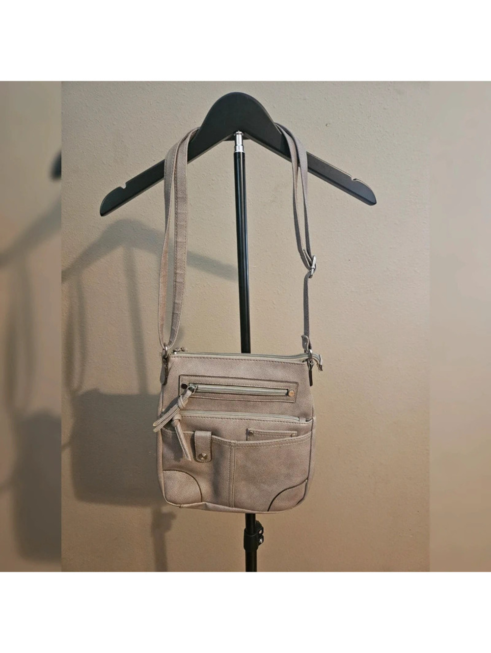 Gray Crossbody Organizer Bag Multi Pocket Faux Leather Adjustable Shoulder Purse